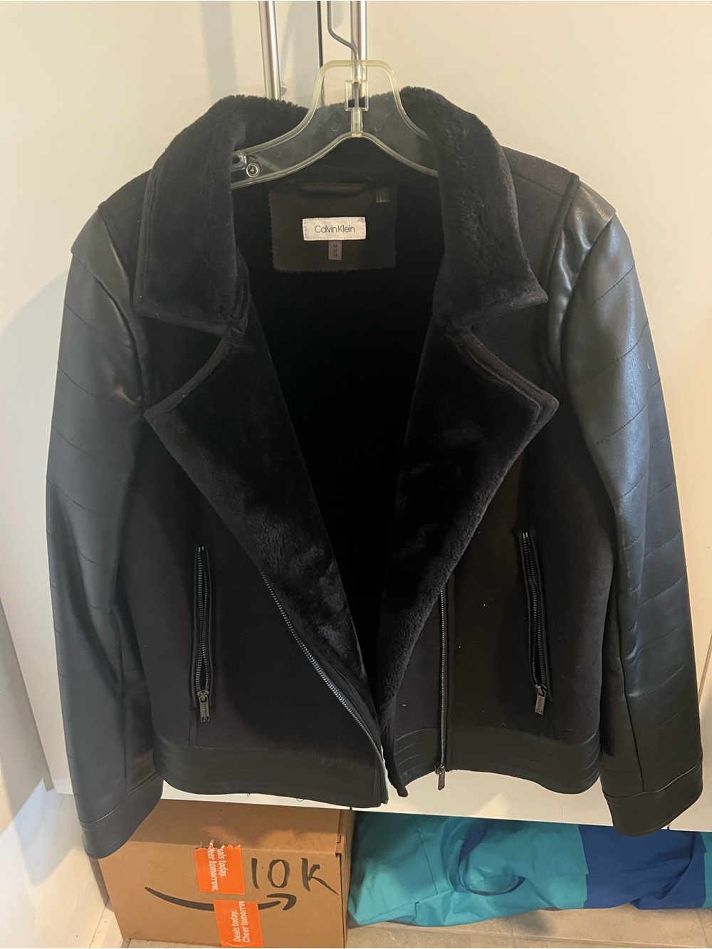 Calvin Klein Black Faux Leather Sleeve Sherpa Bomber Jacket